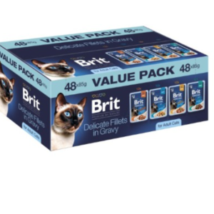 Brit P pour chats adultes – Filets en sauce / Format économique  48 x 85 g ( Dinde-Poulet-Thon-Boeuf)